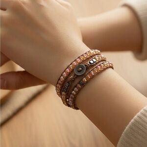 Elegant Beaded Leather Wrap Bracelet in Yellow and Peach